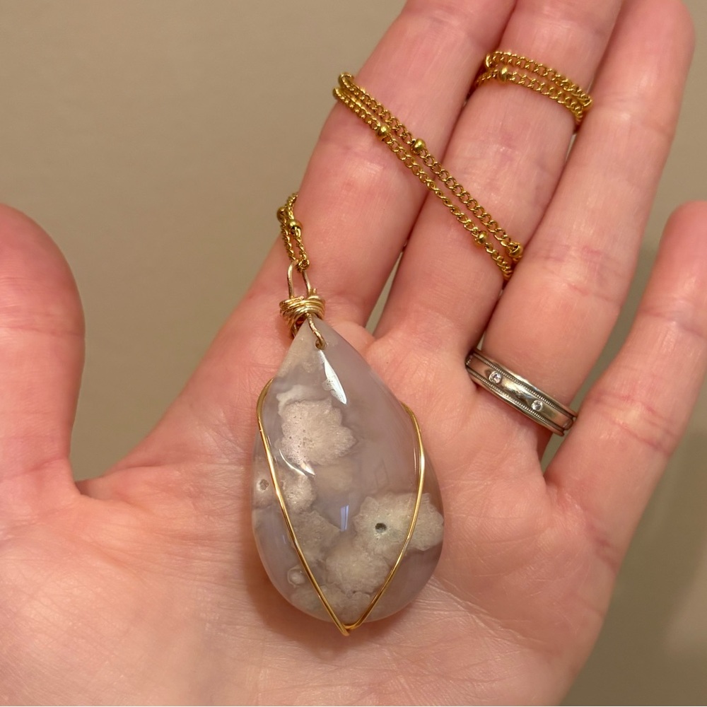 Flower agate teardrop crystal pendant with beaded gold plated Necklace handmade